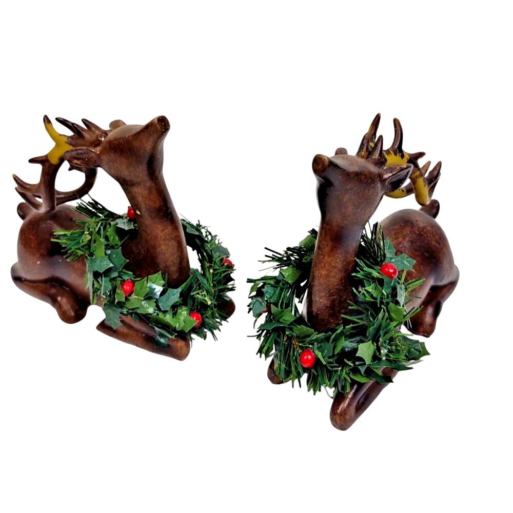 Vintage 2 Deer Christmas Reindeer Figurines Resin Antlers Neck Wreath Brown 4.5"